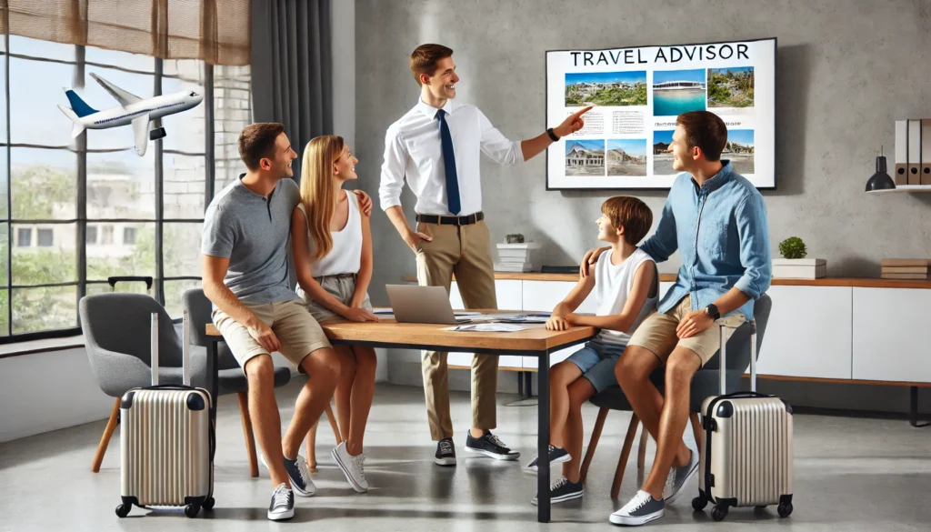 A family watching a presentation put on by a travel advisor, their personalized travel planning expert.