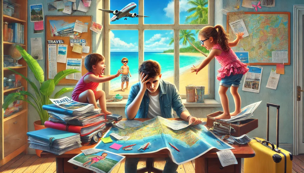 A frustrated guy trying to plan a vacation with confusing pamphlets and maps while his kids are harassing him. Let us treat you to personalized travel planning.