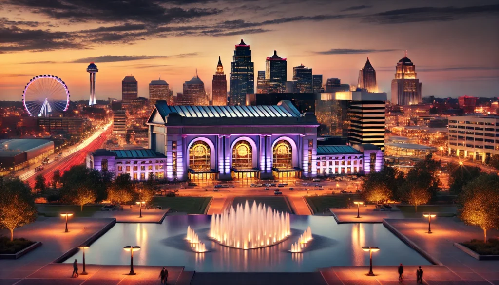 AI-generated image of Kansas City skyline at dusk, featuring iconic buildings, illuminated skyscrapers, and the KC Wheel with vibrant sunset colors in the sky.