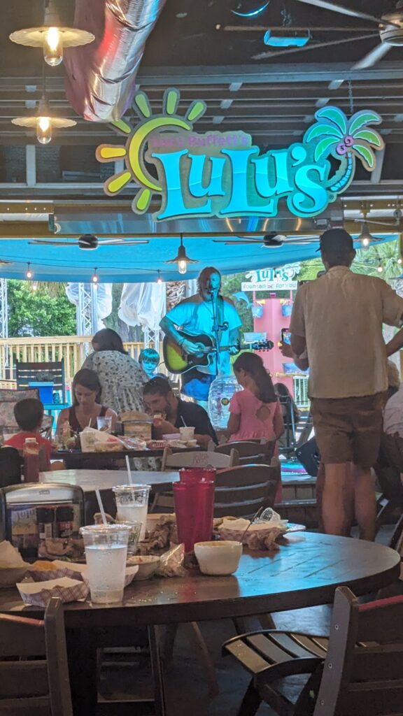 A musician performing on stage at LuLu’s Gulf Shores, with vibrant lights and a lively audience in the background.