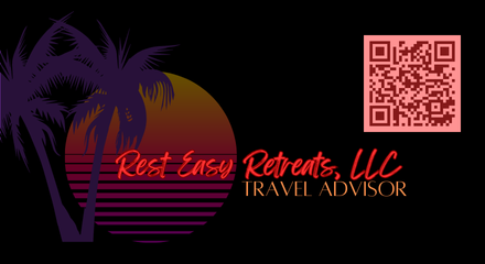 A logo of Rest Easy Retreats alongside a QR code for quick access to the Rest Easy Retreats link hub.