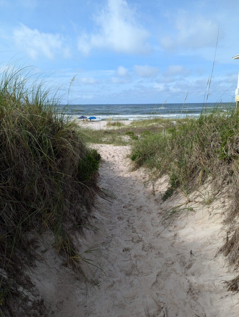 A sandy path lined with sea oats leading down to the beach in Gulf Shores, Alabama, with the Gulf of Mexico just beyond.